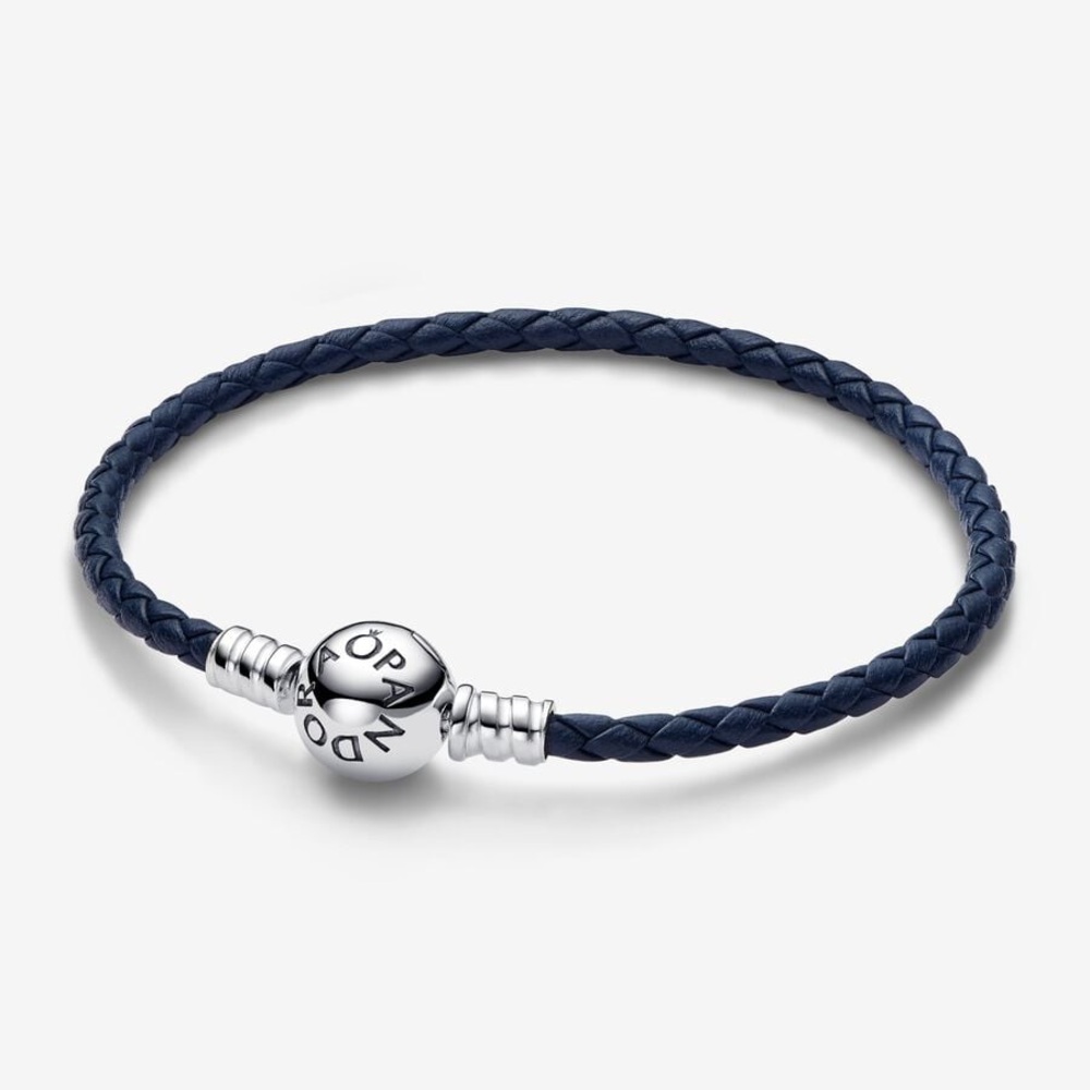 Pandora bracelet - Round clasp Blue Braided leather bracelet